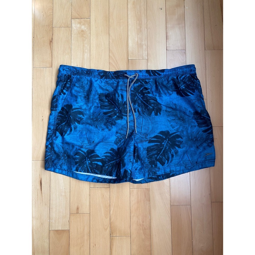 Speedo Swim Trunks Mens XXL Blue Black Tropical Monstera Leaf Print Mesh Lined